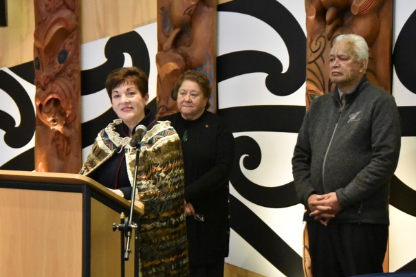 Image of Dame Patsy speaking at Arahura Marae