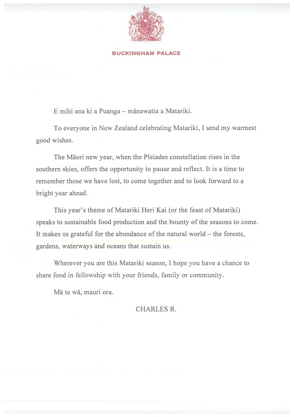 Charles R Matariki Message 2024 in English
