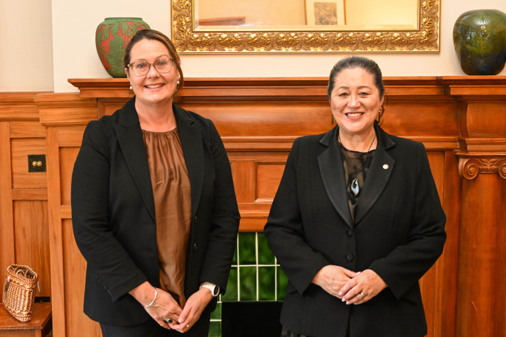 Dame Cindy with Justine Daw, Tumu Whakarae | Chief Executive of Royal Society Te Apārangi