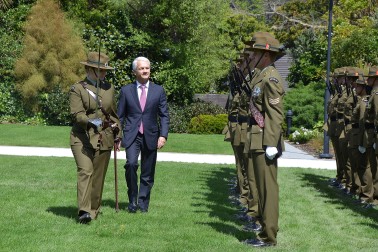 HE Mr Fabrizio Marcelli, the Ambassador of Italy, inspects the Honour Guard.
