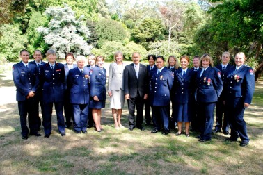 Sir Jerry Mateparae and Lady Janine Mateparae with members of the New Zealand Fire Service.