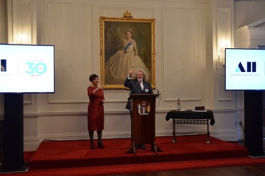 Image of a toast being made to the New Zealand Antarctic Heritage Trust from Chair, Mark Stewart and Dame Patsy