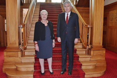 Image of The Administrator, Dame Sian Elias and HE Dragan Ćović on the stairs at Government House