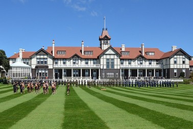 Image of the honour guard and cultural party in place on the North Lawn