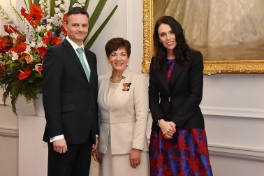 Image of Dame Patsy with PM-designate Jacinda Adern and Green Party leader James Shaw
