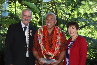 an image of Dame Patsy, His Worship Hon John Carter, and Fuimoana Solomana at the citizenship ceremony at Te Ahu
