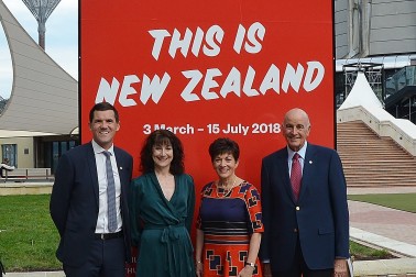 Image of Dame Patsy and Sir David with Wellington Mayor, Justin Lester and City Gallery Director, Elizabeth Caldwell 