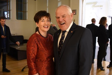 Image of Dame Patsy with Mark Hadlow, who plays Lt Col William Malone in the projected images used in the exhibit 
