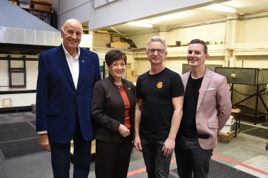 Image of Dame Patsy and Sir David with Philip Stokes and Scott Redding of New Zealand Glassworks