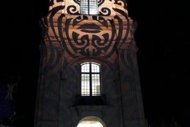 an image of Le Quesnoy bell tower with Maori motif