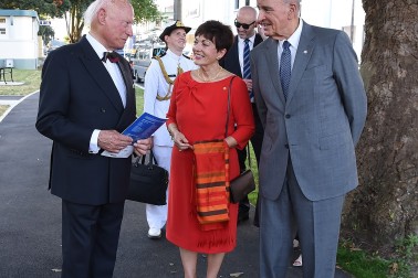 Image of Dame Patsy, Sir David and Donald Trott outside the Royal Wanganui Opera House