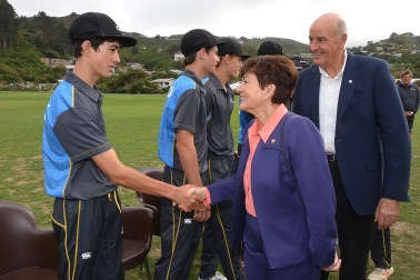 Image of Dame Patsy meeting NZ Maori School's IX member Joel Clark of Whanganui Collegiate