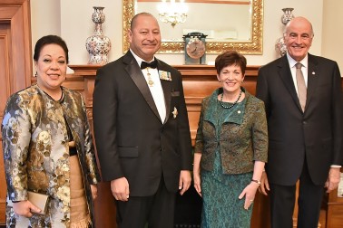 IMage of Dame Patsy and Sir David with His Majesty King Tupou VI of the Kingdom of Tonga and Her Majesty Queen Nanasipau’u