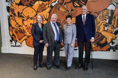 Image of Dame Patsy and Sir David with Michael McEvedy, Canterbury Museum Trust Board, Chair and Jennifer Storer, Canterbury Museum, Deputy Director. 
