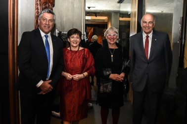 Image of Dame Patsy and Sir David with Chairman of the New Zealand Maori Arts and Crafts Institute, Harry Burkhardt and Mayor Steve Chadwick