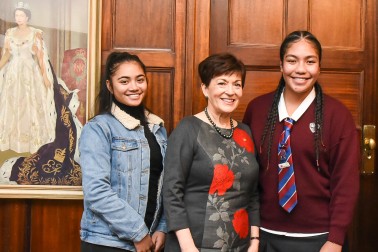 Dame Patsy with two Te Te Huringa o Te Tai o Nga Wahine students