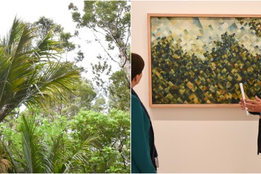 Image of Colin McCahon's 'Titirangi' with an image of the Titirangi bush surrounding his house