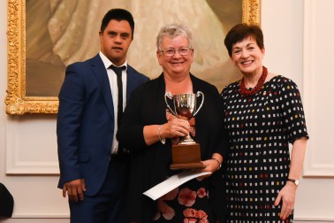 Dame Patsy and Jacob Dombroski with Sue McFarlane, winner of the Community Service Award