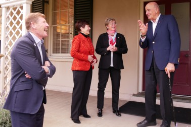 Image of Dame Patsy and Sir David being met by NZOC CEO and Secretary-General Kereyn Smith and President Mike Stanley
