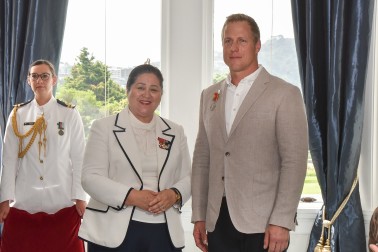 Dame Cindy with Paul Gerritson, recipient of a Royal Humane Society of New Zealand Silver Medal