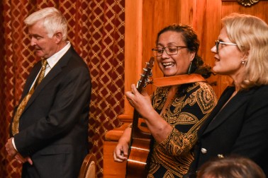 Official Secretary Alice Ropata, Dr Richard Davies, and Dame Helen Winkelmann singing a waiata