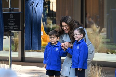 Dame Cindy and preschoolers who unveiled the plaque at the St Kentigern preschool opening