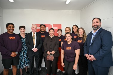 Dame Cindy and Dr Davies with the staff at The 502 Rangatahi Ora