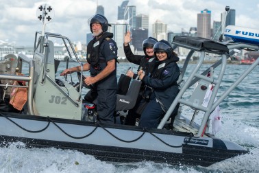 Dame Cindy and Dr Davies on a navy RHIB