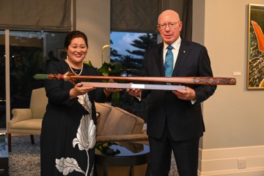 Dame Cindy presented General Hurley with a taiaha in recognition of his military career
