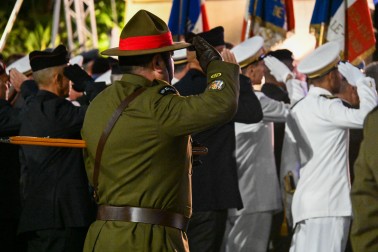 Members of the NZDF salute during the singing of the National Anthem