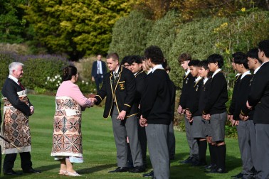 Dame Cindy greeting students from Wellington College