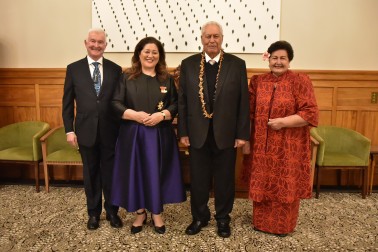 Their Excellencies with the Head of State of Samoa, His Highness Afioga Tuimaleali’ifano Va’aletoa Sualauvi II, and Masiofo Faamausili Leinafo.