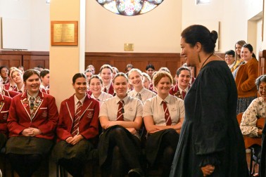 Dame Cindy with Woodford House students in the Woodford House chapel