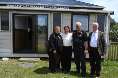 Their Excellencies outside Whakamaharatanga Marae, with Government House Kaumatua Joe Harawira and Kuia Ranui Ngarimu