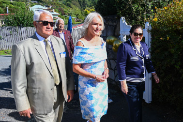 Tutehounuku 'Nuk' Korako, Patron, Nettles Lamont, Board Chair, and Dame Cindy entering the Centre