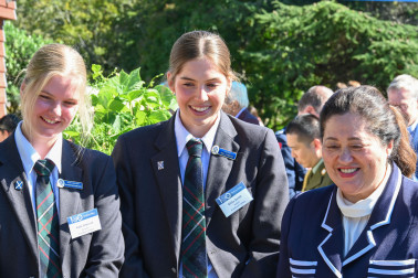 Dame Cindy with two prefects from St Andrew's College