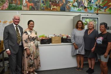 Dame Cindy and Dr Davies with volunteers at the Far North Community Foodbank