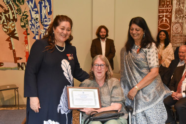 Dame Cindy and Ranjna Patel congratulating Professor Mandy Morgan