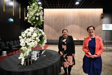 Dame Cindy with Shirley Russ, President of the Floral Art Society of New Zealand
