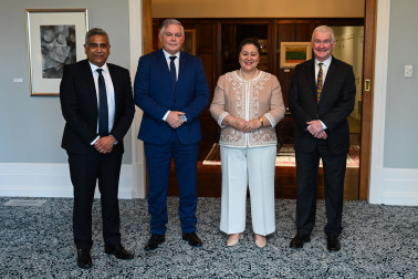 Mervin Singham, Chief Executive of the Ministry for Ethnic Communities, Hon Mark Mitchell, Minister for Ethnic Communities, Dame Cindy, and Dr Davies