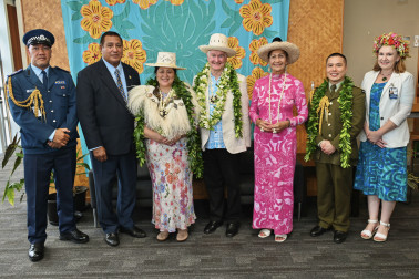 Sir Tom Marsters, Dame Cindy, Dr Davies, Lady Tuaine Marsters, Her Excellency Catherine Graham, and accompanying aides-de-camp