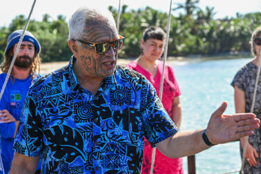 Kaumātua Joe Harawira delivering a karakia for the vaka and its crewJoe Harawira delivering a karakia for the vaka and its crew