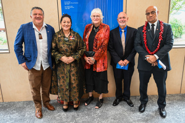 Inductees Pio Terei, Dame Cindy, Yvonne Willering, Professor Alan Barber, and Oscar Kightley