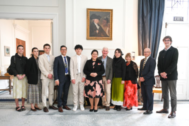 Dame Cindy and Dr Davies with Judge Damian Stone and his family, and Chief Justice Craig Coxhead of the High Court of Niue