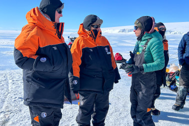 Dr Davies, Dame Cindy and Dr Sarah Seabrook, of Earth Sciences New Zealand, in conversation on the ice.
