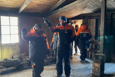 Dame Cindy with Professor Jordy Hendrikx inside Scott's Discovery Hut.