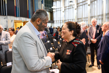 Dame Cindy greets Kura Moeahu, QSO