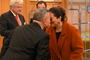 Dame Cindy greets Hone Matthews, Chief Advisor Māori, Electoral Commission