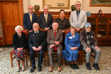 Paul Swallow MNZM, Board Chair; Dr Davies; Dame Cindy; Stephen Opie, CEO; and centenarians Hilda Rolston, Neville Sandiford, Alfred ‘Stan’ Welch, Sister Cyprian, and Anand Pande