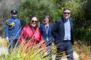 Dame Cindy is guided through the gardens by Tim Park, Team Manager, and Bec Ramsay, Manager of Wellington Gardens